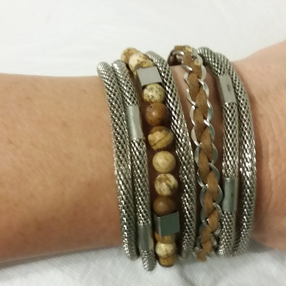 Stunning Silver, Wooden beads and Leather Bracelet